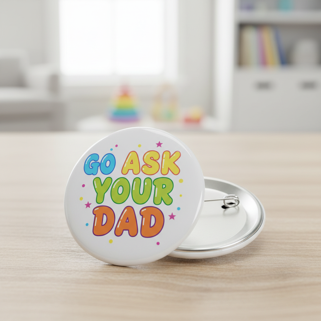 Round button pinback with colorful 'Go Ask Your Dad' text and safety pin back