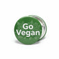 2.25-inch green Go Vegan round pin with leaf design and metal pinback