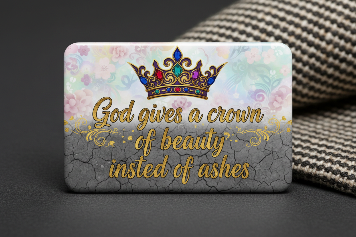 A rectangular decorative plaque or sign with rounded corners, featuring a crown illustration and the phrase 'God gives a crown of beauty instead of ashes' in gold lettering. The top half is soft pastel floral and lavender, while the bottom half is cracked gray stone texture.