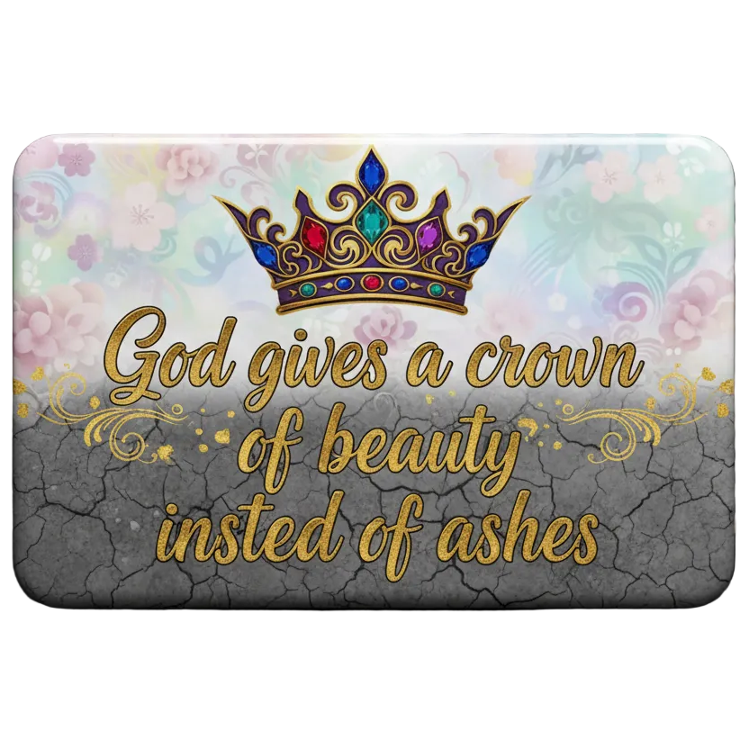 A rectangular decorative plaque or sign with rounded corners, featuring a crown illustration at the top and the phrase 'God gives a crown of beauty instead of ashes' in gold lettering over a split pastel floral and cracked gray background.