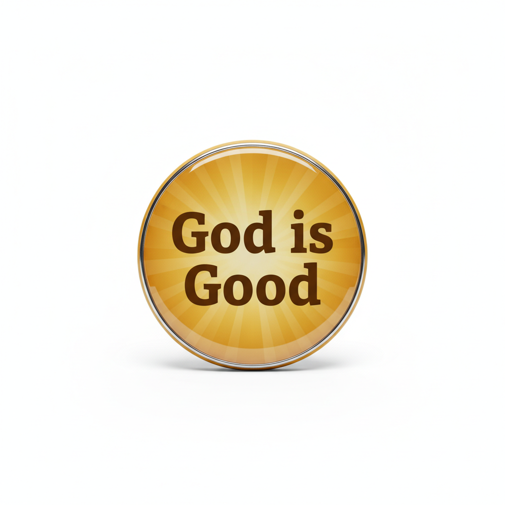 A round, glossy gold button or pin with the words 'God is Good' printed in dark brown serif text, set against a plain white background.