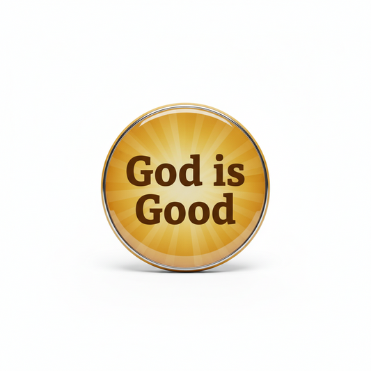 A round, glossy gold button or pin with the words 'God is Good' printed in dark brown serif text, set against a plain white background.