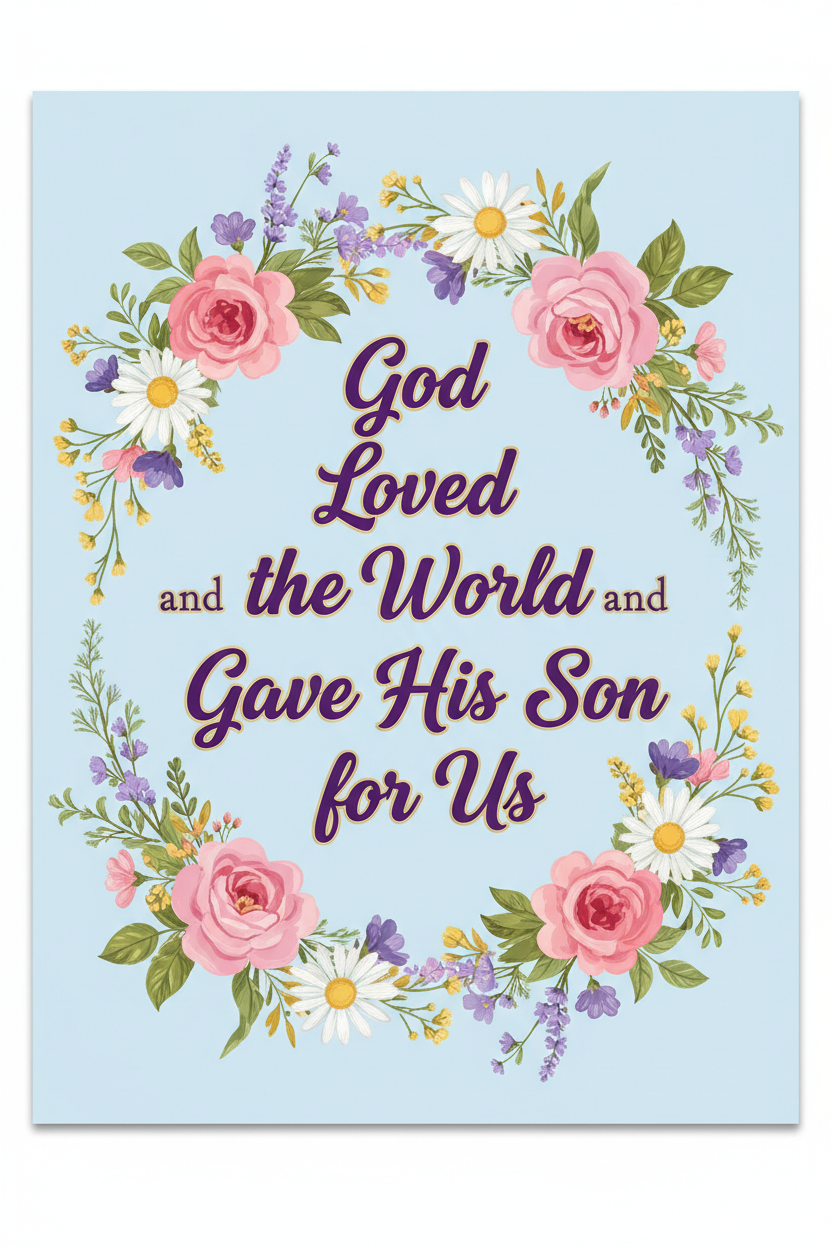 A square art print or card featuring the Christian prayer 'God Loved and the World and Gave His Son for Us' in purple script, framed by a watercolor floral wreath of pink roses, white daisies, and purple blossoms on a light blue background.