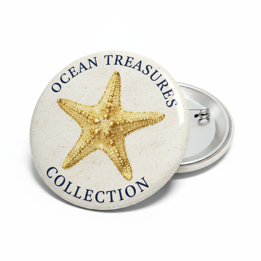 Round pinback button with golden starfish and “Ocean Treasures Collection” text