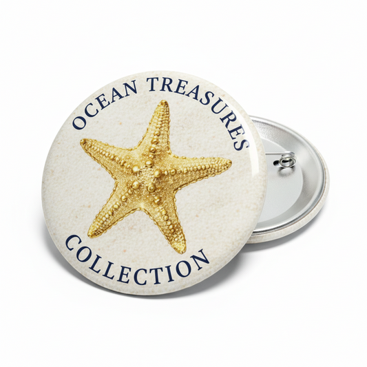 Round pinback button with golden starfish and “Ocean Treasures Collection” text