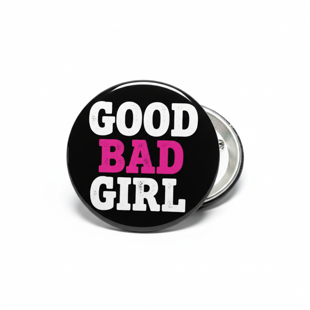 1.25-inch pinback button with black circle and 'GOOD BAD GIRL' text