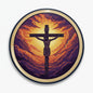 2.25-inch circular Jesus crucifixion pinback button, gold rim, colorful sky background