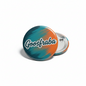 2.25-inch Goosfraba pinback button with teal and orange swoosh logo