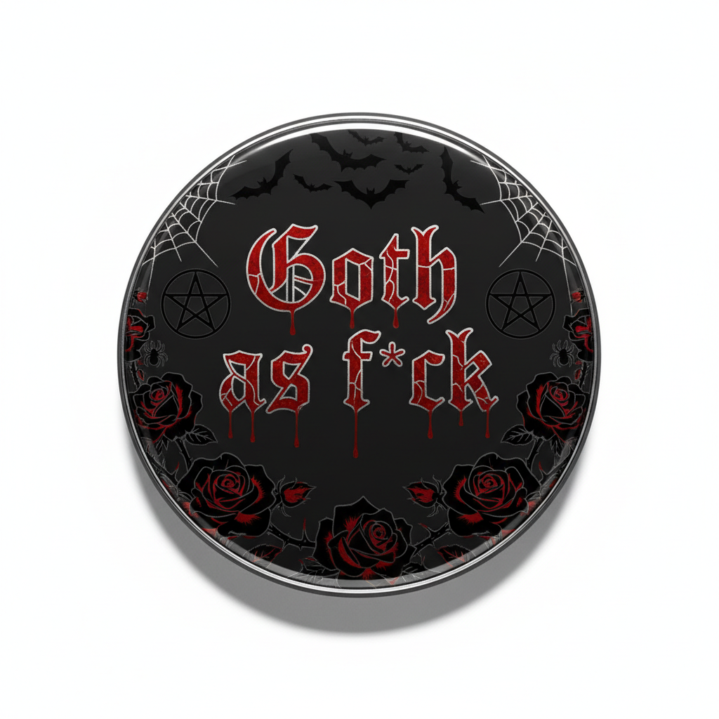 2.25-inch black pinback button with red Goth as fck text, bats, roses, web