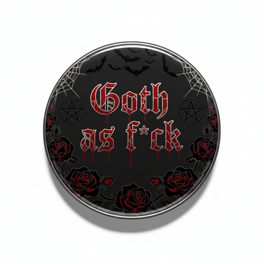 2.25-inch black pinback button with red Goth as fck text, bats, roses, web