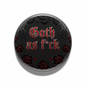 2.25-inch black pinback button with red Goth as fck text, bats, roses, web