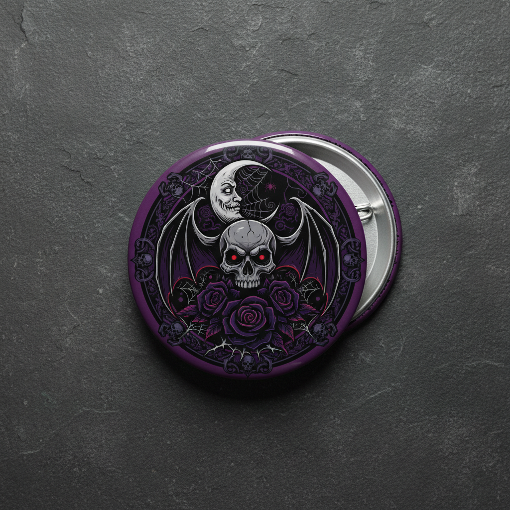 A round pinback button badge featuring a gothic illustration of a skull with red eyes, bat wings, roses, and a crescent moon on a dark purple background, shown on a dark gray textured surface.