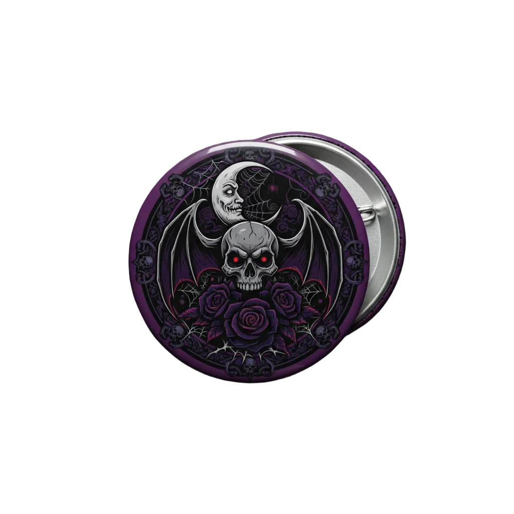 A round pin-back button featuring a gothic illustration of a skull with bat wings, surrounded by dark purple roses and a crescent moon, shown on a plain white background.