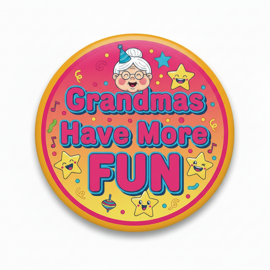 2.25-inch pinback button with colorful grandma text and star graphics, pink and gold border