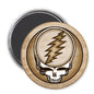 Round pinback button with gold rim and white skull with lightning bolt, 2.25 in
