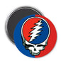 Round magnet with skull graphic in blue, red, and lightning on dark backing