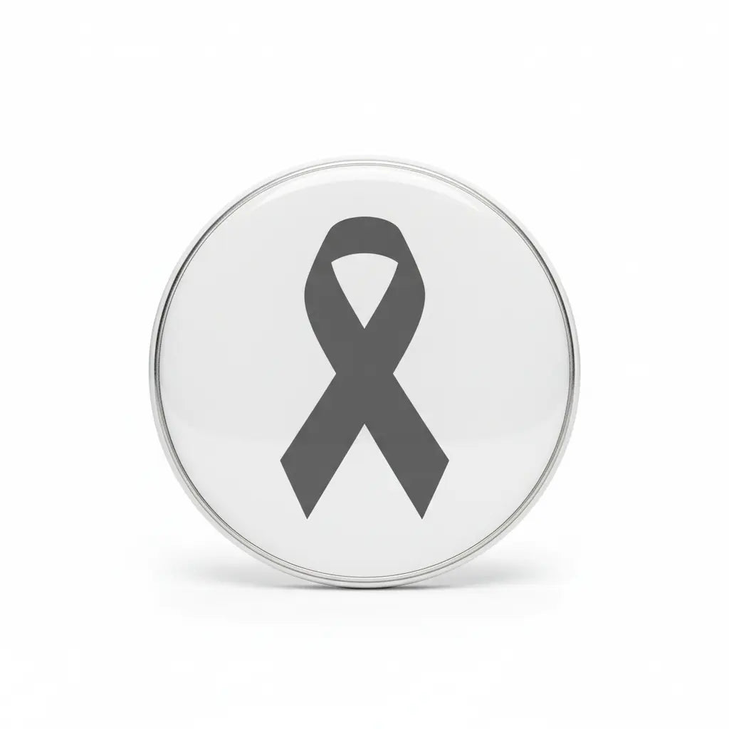 Gray ribbon awareness pinback: round metal badge with ribbon graphic