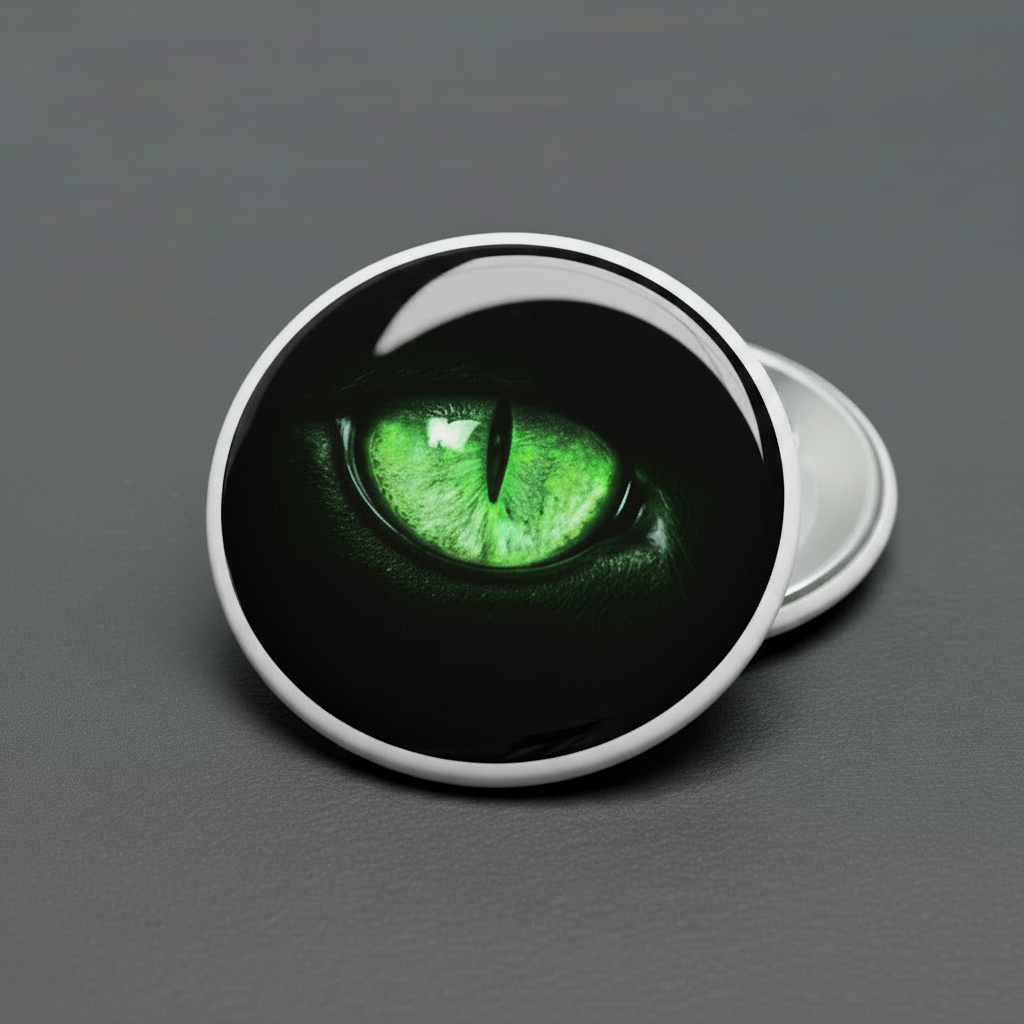 A round pinback button showing a close-up of a green cat's eye on a black background, with a silver metal rim and the back pin mechanism visible on a dark gray surface.