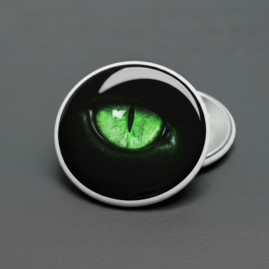 A round pinback button showing a close-up of a green cat's eye on a black background, with a silver metal rim and the back pin mechanism visible on a dark gray surface.