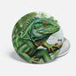 2.25-inch green lizard pinback with detailed circular illustration and metal clasp
