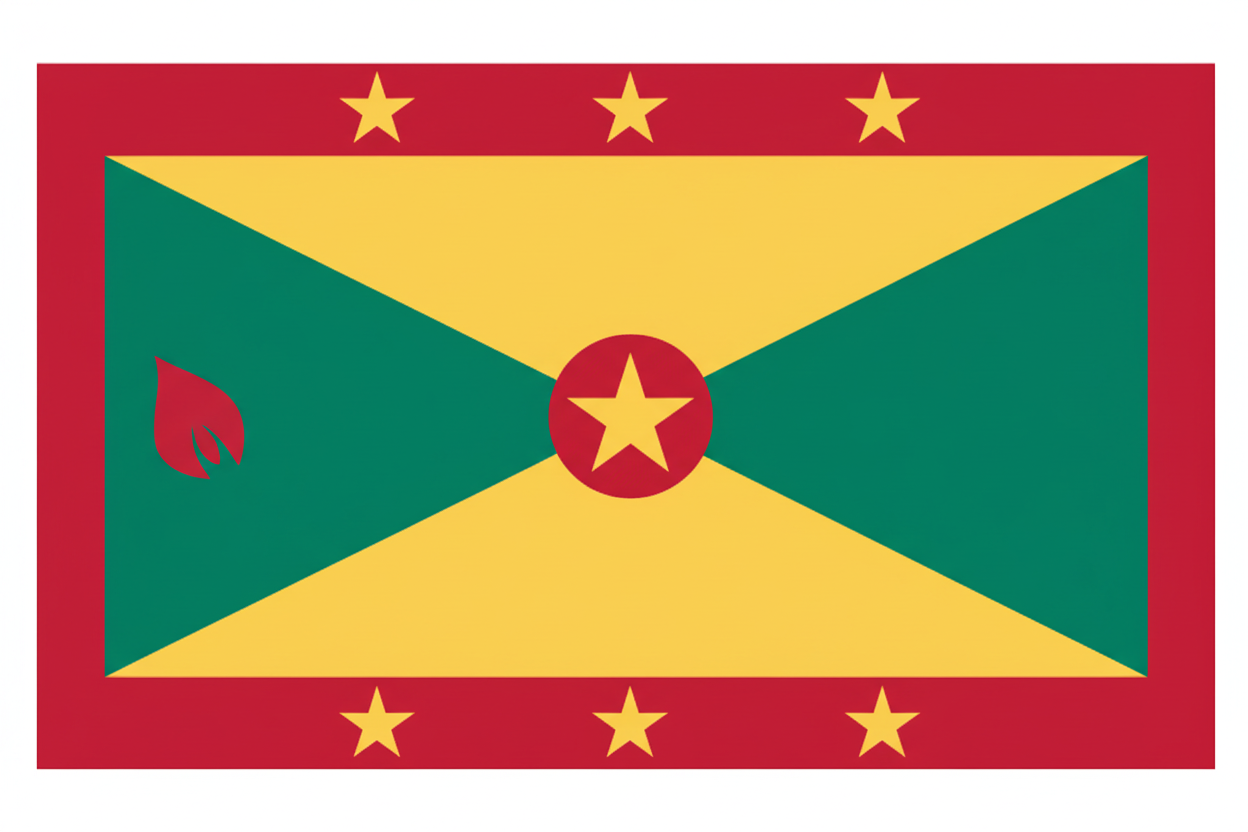 Grenada flag mousepad, close-up with red border, yellow fields, green center circle star