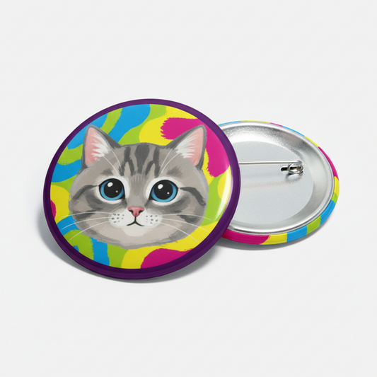 Round grey tabby cat button pinback with colorful border and metal back