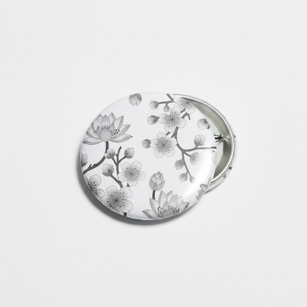 Grey oriental flower Pin Button with round silver metal backing