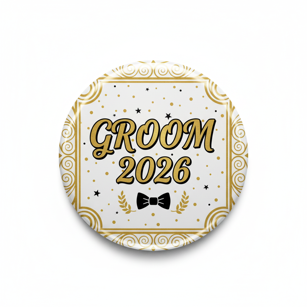 Round groom Pin Button with 'GROOM 2026' text, bow tie and star accents