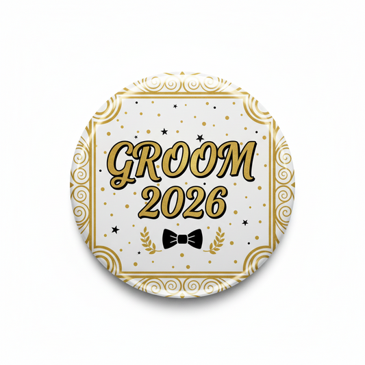 Round groom button pinback with 'GROOM 2026' text, bow tie and star accents