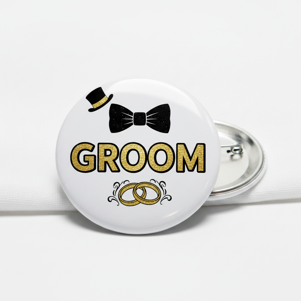 Groom Pin Button with black bowtie, gold “GROOM”, wedding rings, silver pin backing