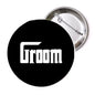 Round black pinback button with 'Groom' text, 1.25-inch
