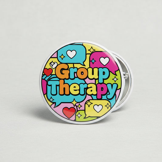 Colorful round pinback button with “Group Therapy” text and heart icons