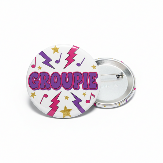 2.25-inch round pinback button with purple, pink 'GROUPIE' text, stars and lightning