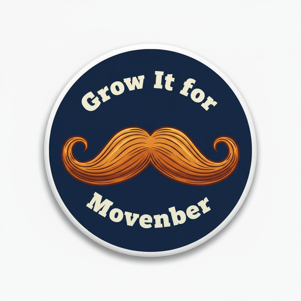 Round navy Pin Button with orange mustache and “Grow It for Movember” text