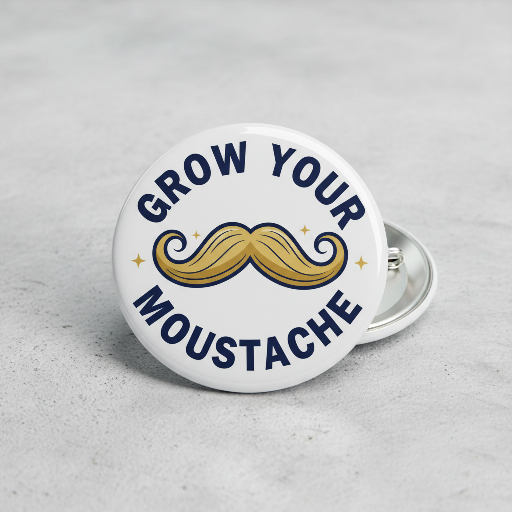 Round white Movember Pin Button with grow-your-moustache text and moustache graphic