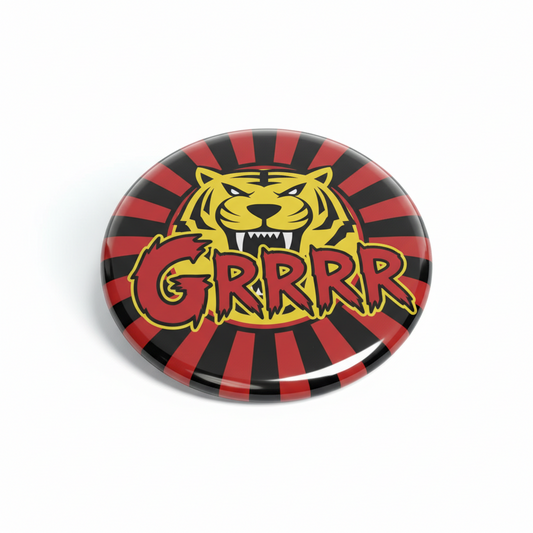 2.25-inch pinback button with roaring tiger and GRRR text on red-and-black stripes