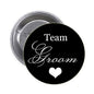 1.25-inch Team Groom pinback button, black with white script and heart