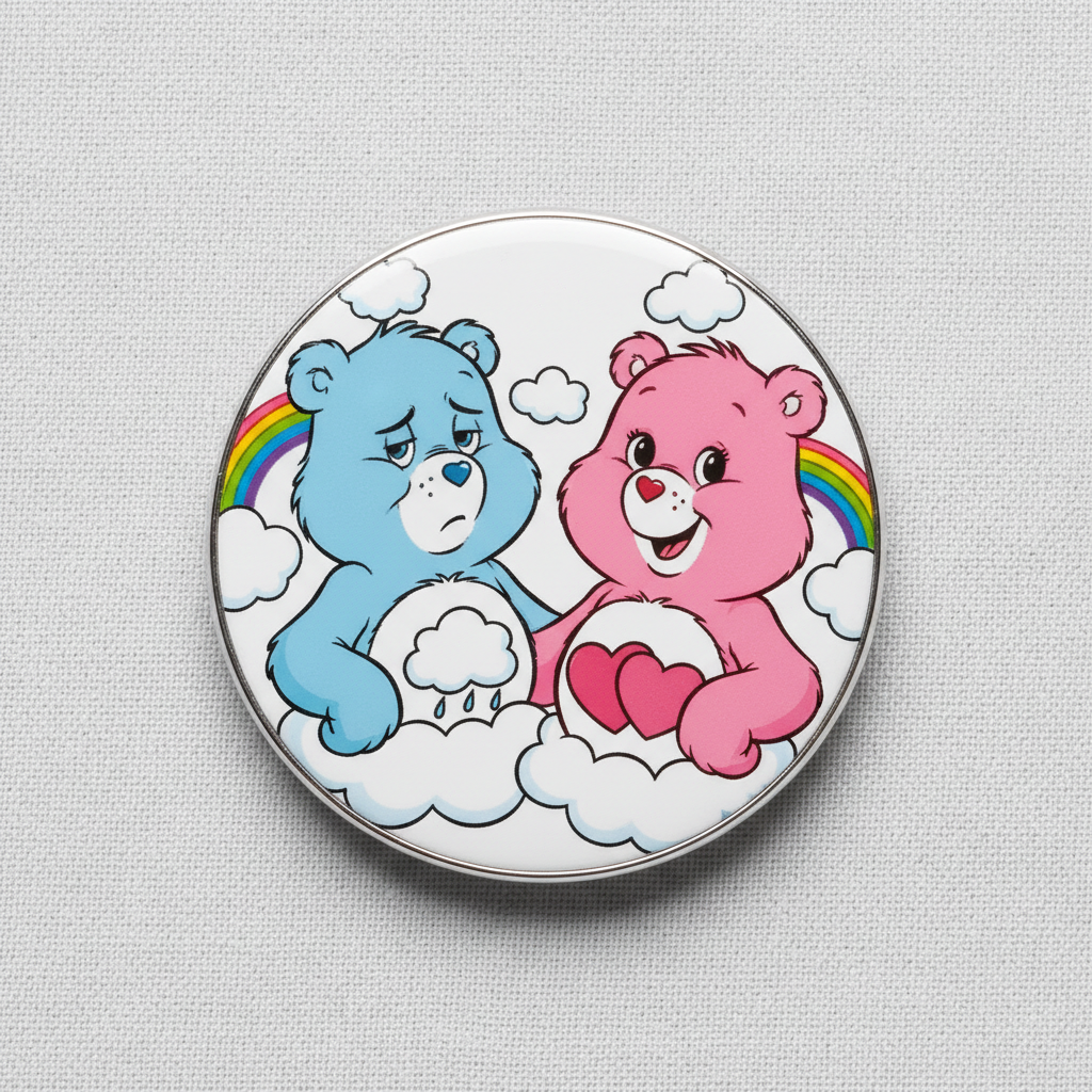 Round metal Pin Button badge with blue and pink bears holding red hearts and clouds
