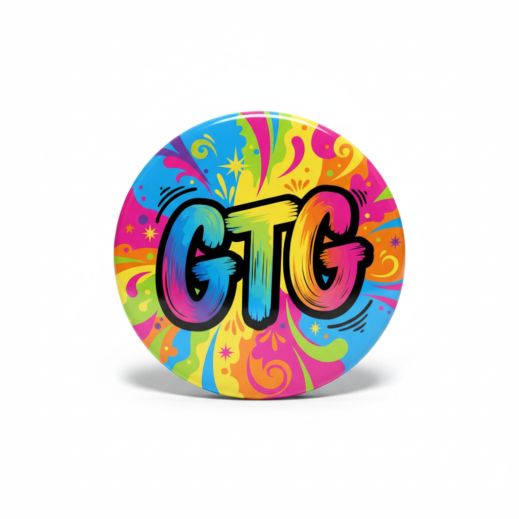Colorful 2.25-inch round Pin Button with bold "GTG" graphic