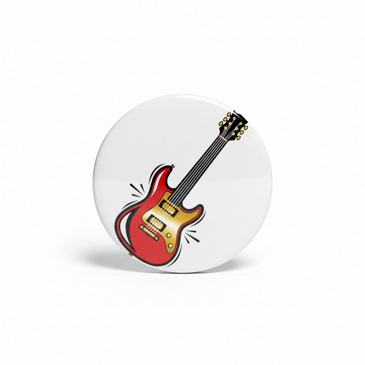 2.25-inch round pinback button with red electric guitar axe graphic