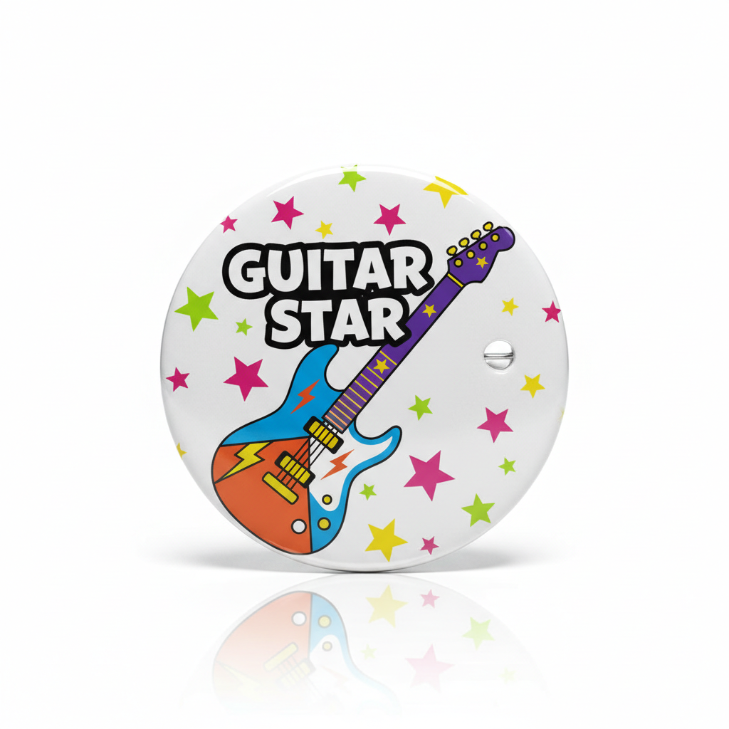 2.25-inch guitar star Pin Button with colorful guitar and star confetti graphic