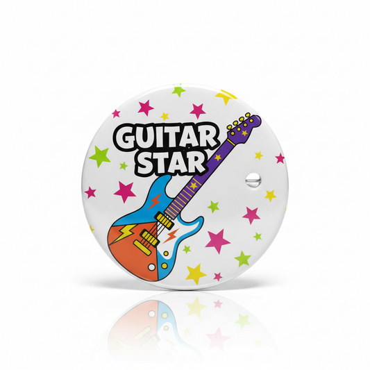 2.25-inch guitar star pinback button with colorful guitar and star confetti graphic