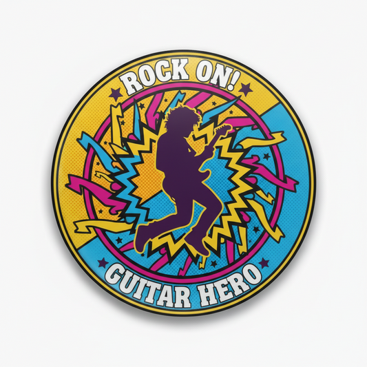 2.25-inch circular pinback button with yellow guitarist silhouette, 'ROCK ON!' and 'GUITAR HERO'.