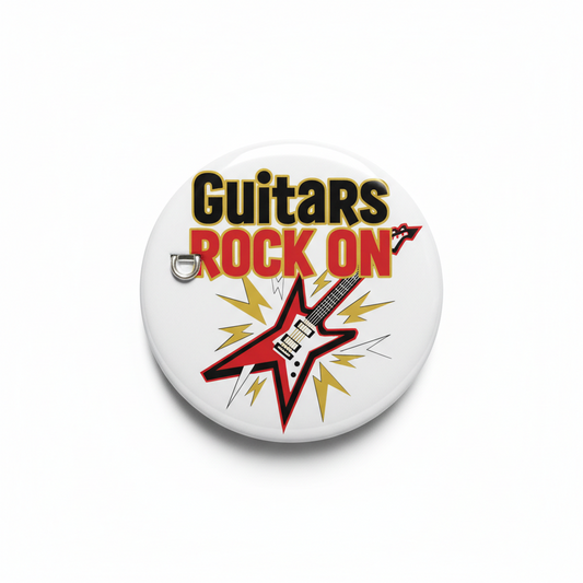 Round pinback button with 'Guitars Rock ON' and guitar graphic