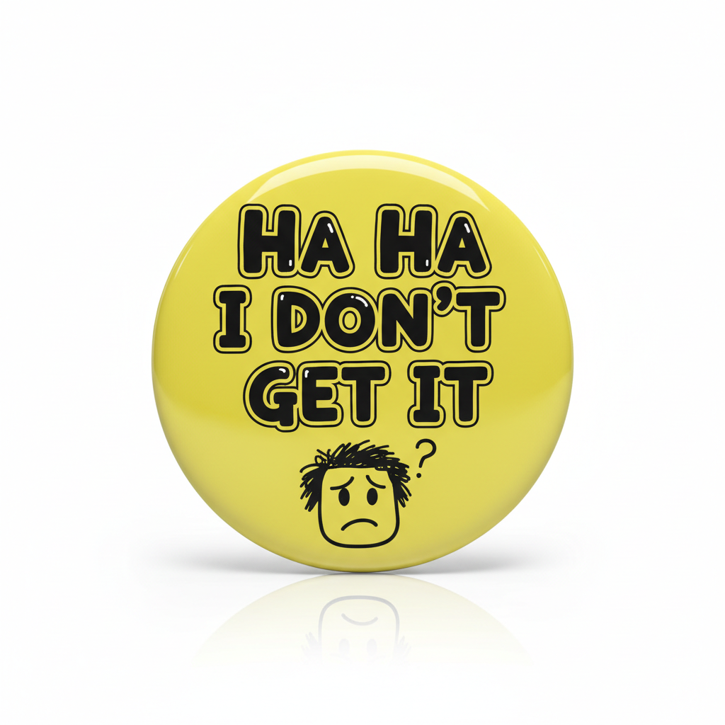 Yellow button with black text 'HA HA I DON'T GET IT' and a confused face emoji on a white background