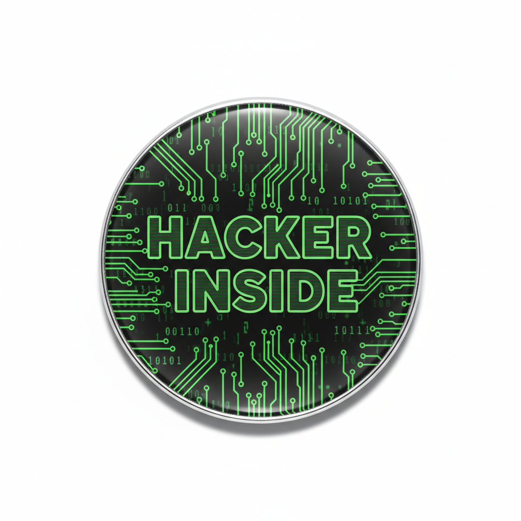 2.25-inch round Pin Button, green circuits with “HACKER INSIDE” text