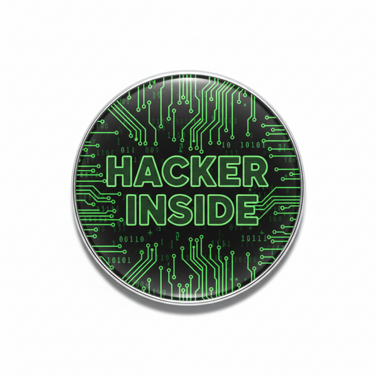 2.25-inch round pinback button, green circuits with “HACKER INSIDE” text