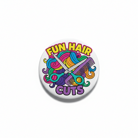 2.25-inch hair cut pinback button with colorful scissors, comb and 'FUN HAIR CUTS' text