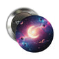 2.25-inch galaxy crescent moon pinback button, metal back with safety pin