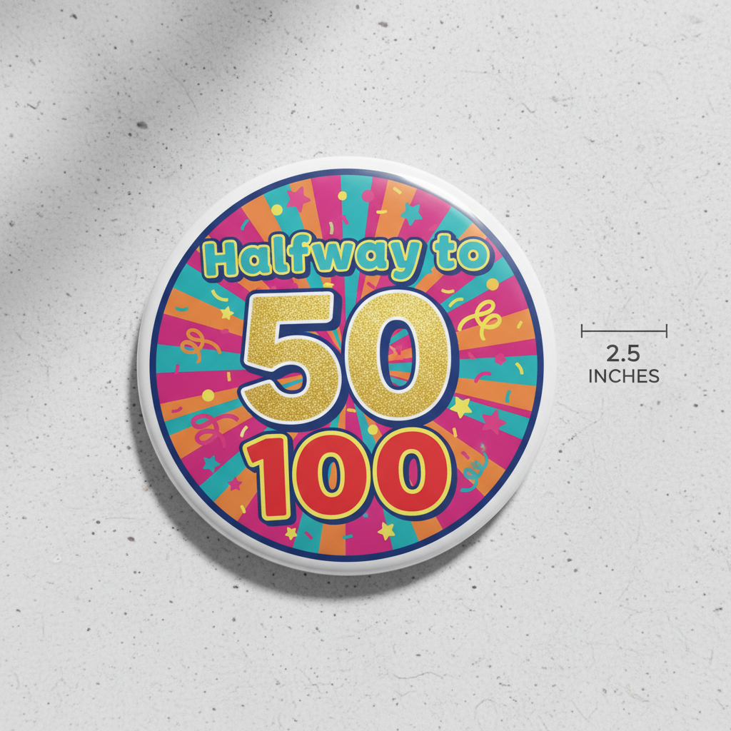 2.25-inch round pinback button with colorful "Halfway to 50" and "100" design